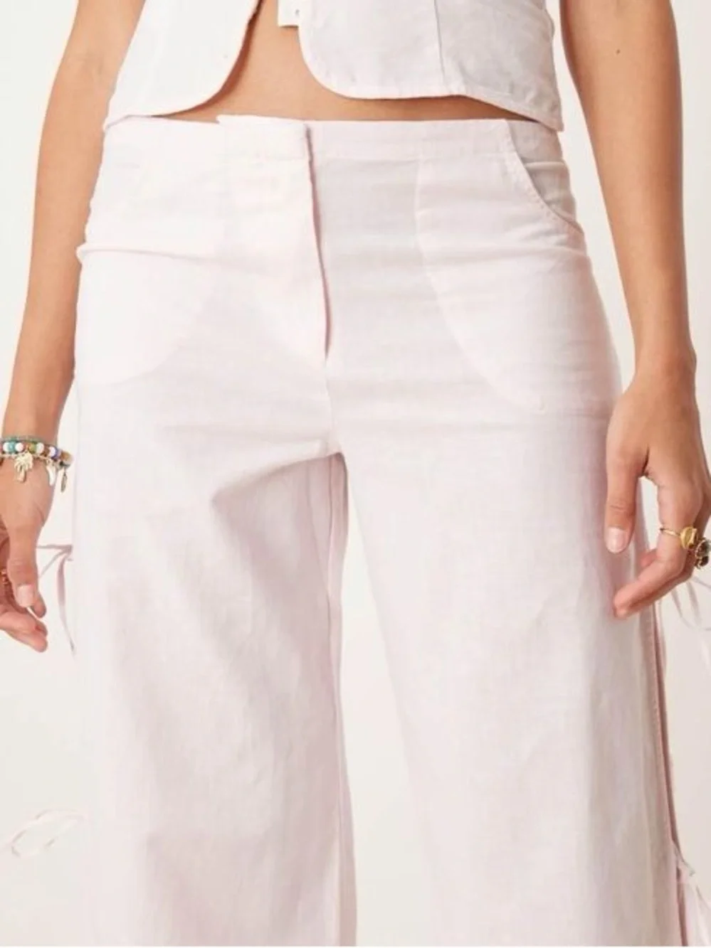 Mango Straight Pants with Slits and Bows in Pastel Pink - EUC